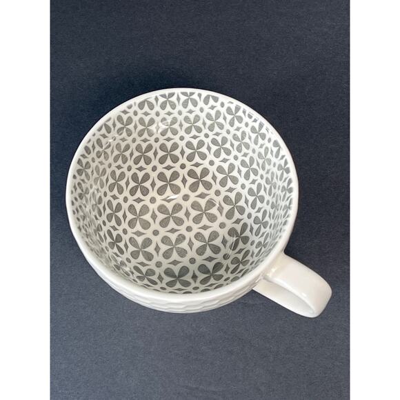 Embossed Mug White Gray Geometric Pattern Inside Honeycomb Footed Coffee Cup - Picture 1 of 9